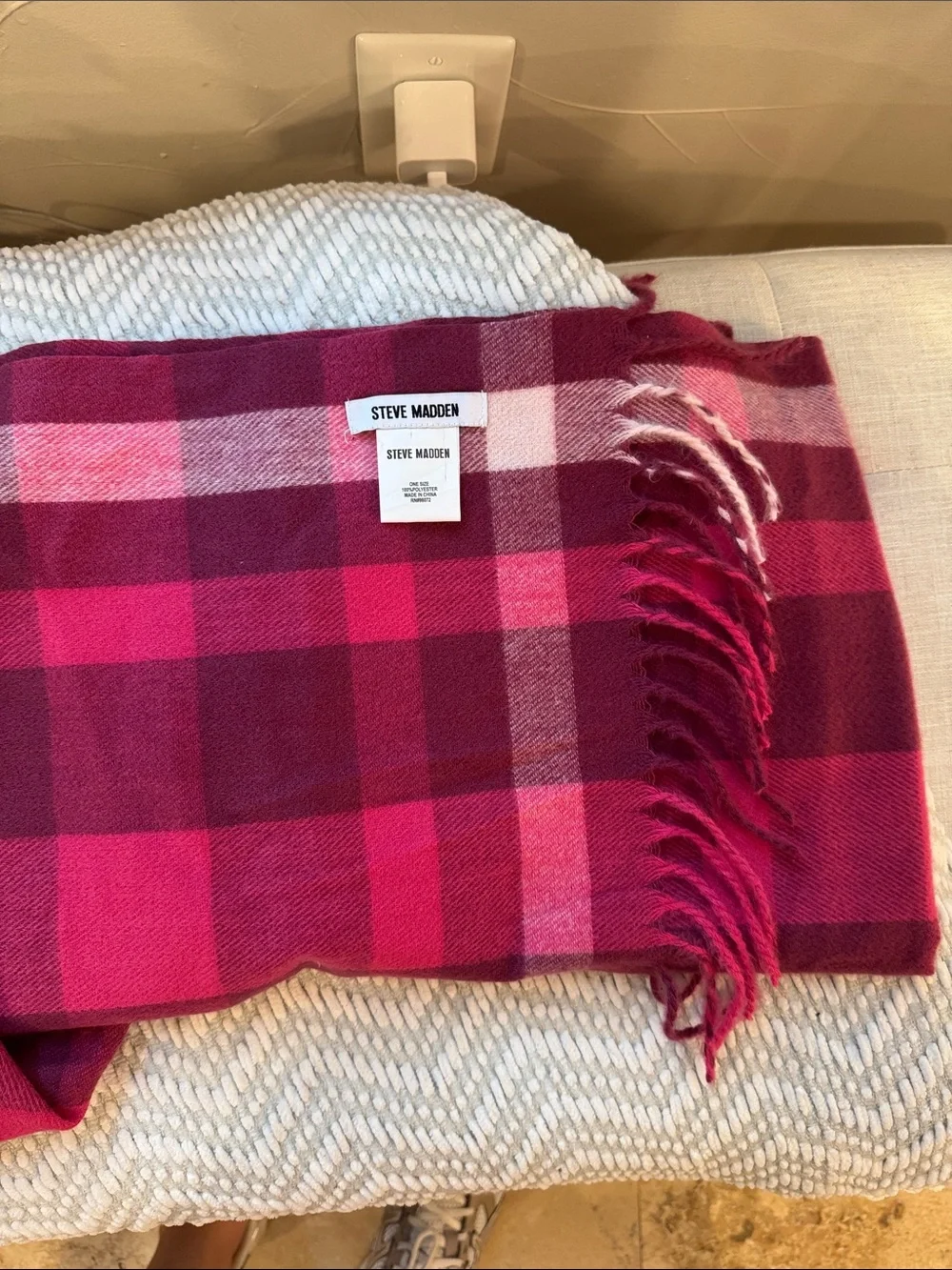 Steve Madden Pink & Magenta Plaid Fringe Scarf